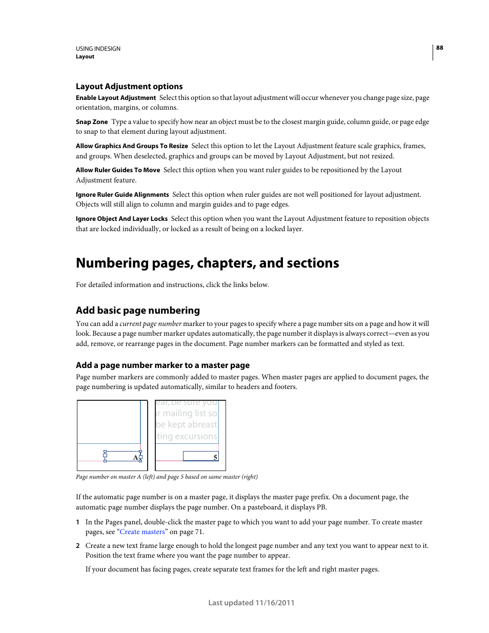 Layout adjustment options, To which the master is applied. (see, Add basic page numbering | Adobe InDesign CS5 User Manual | Page 94 / 710