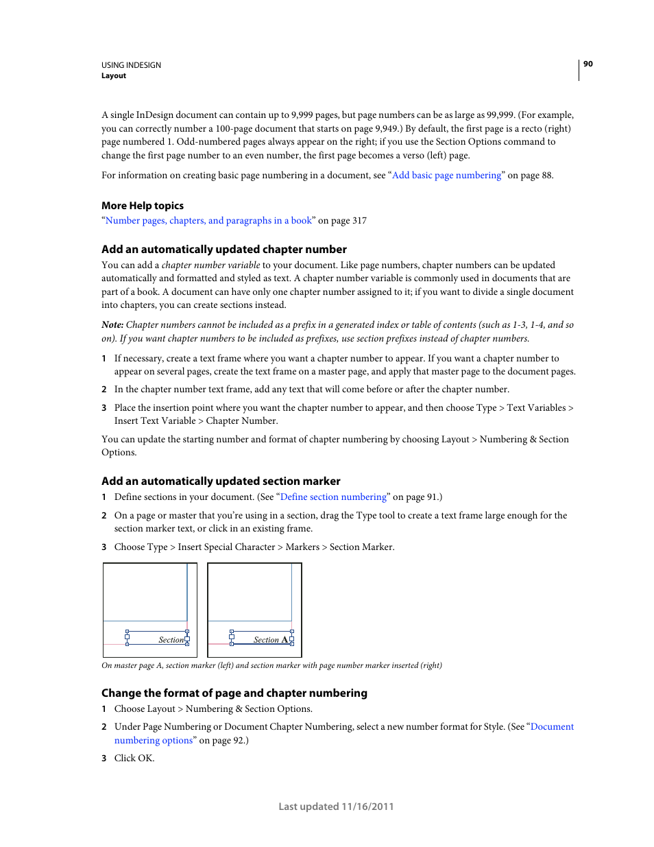 Add an automatically updated chapter number, Add an automatically updated section marker | Adobe InDesign CS5 User Manual | Page 96 / 710