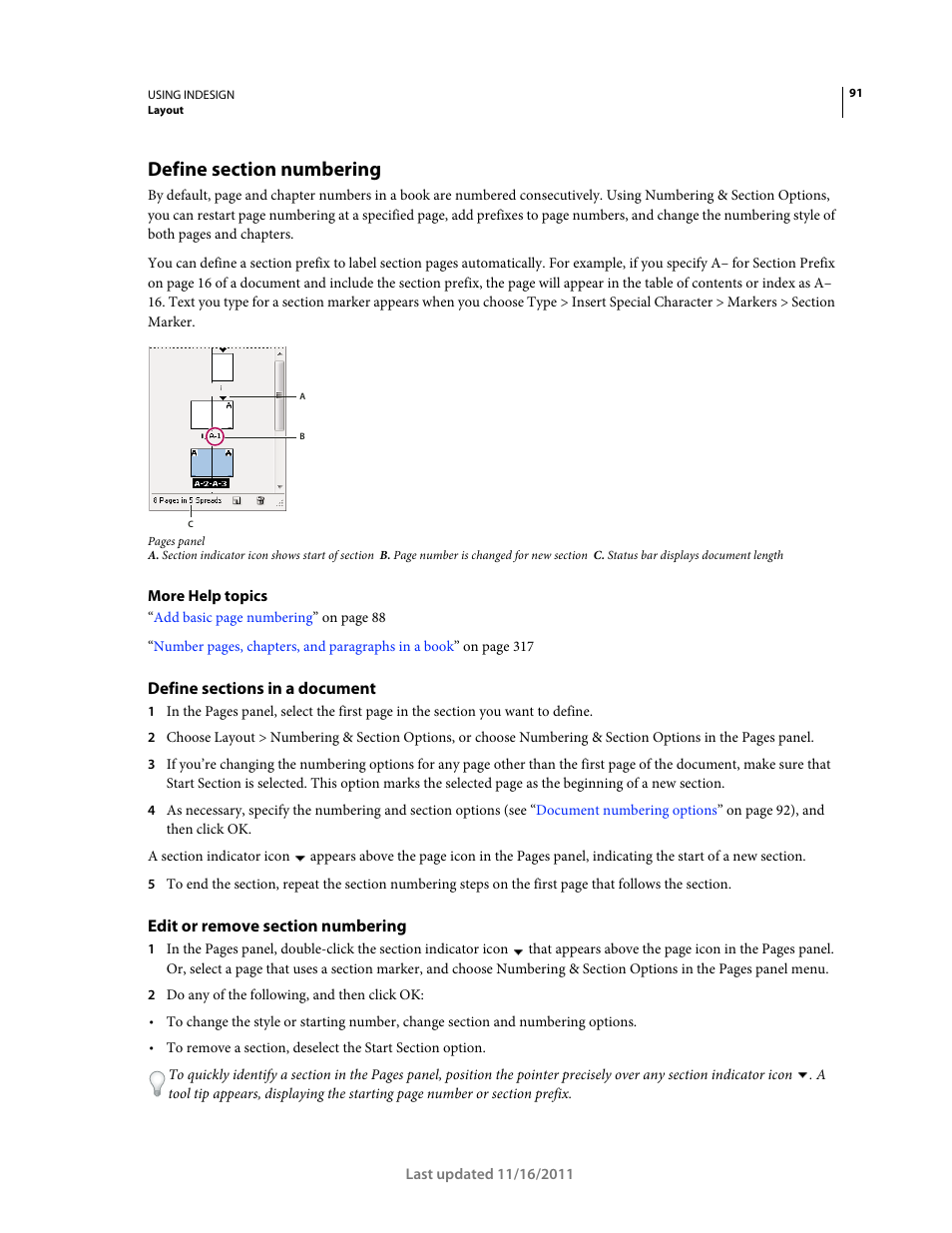 Define section numbering, Define sections in a document, Edit or remove section numbering | Define sections in your document. (see | Adobe InDesign CS5 User Manual | Page 97 / 710