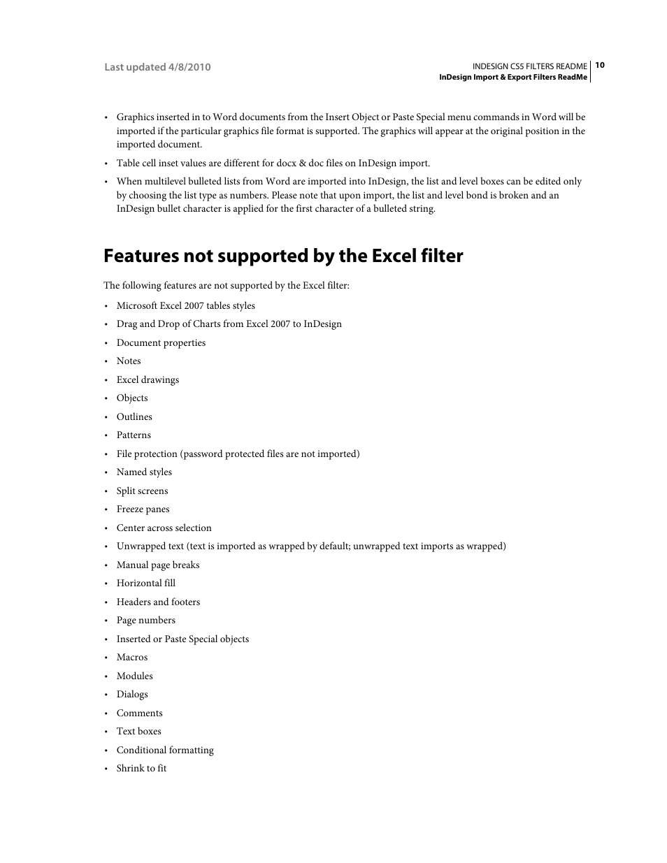 Features not supported by the excel filter | Adobe InDesign Filters Readme User Manual | Page 14 / 15