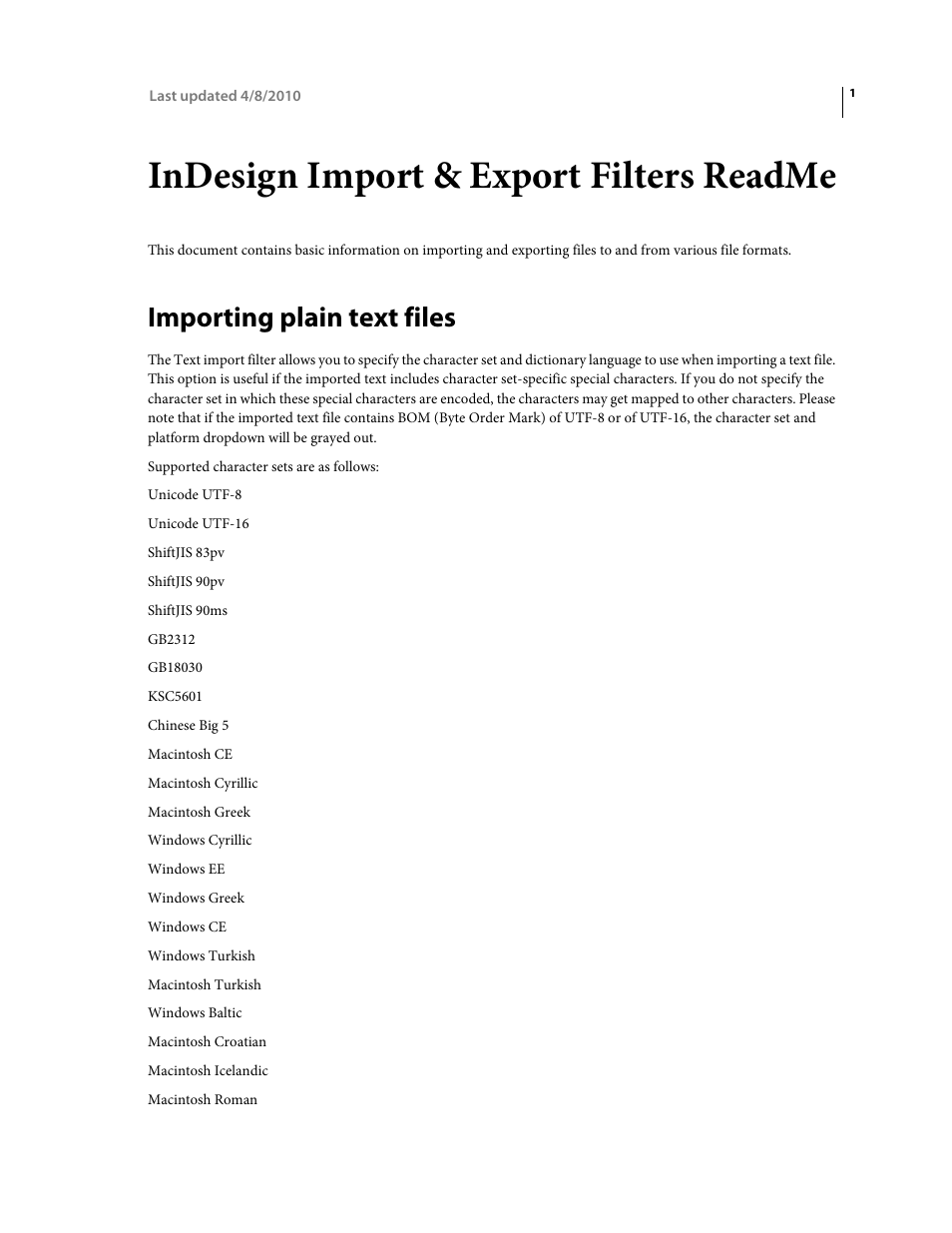 Indesign import & export filters readme, Importing plain text files | Adobe InDesign Filters Readme User Manual | Page 5 / 15