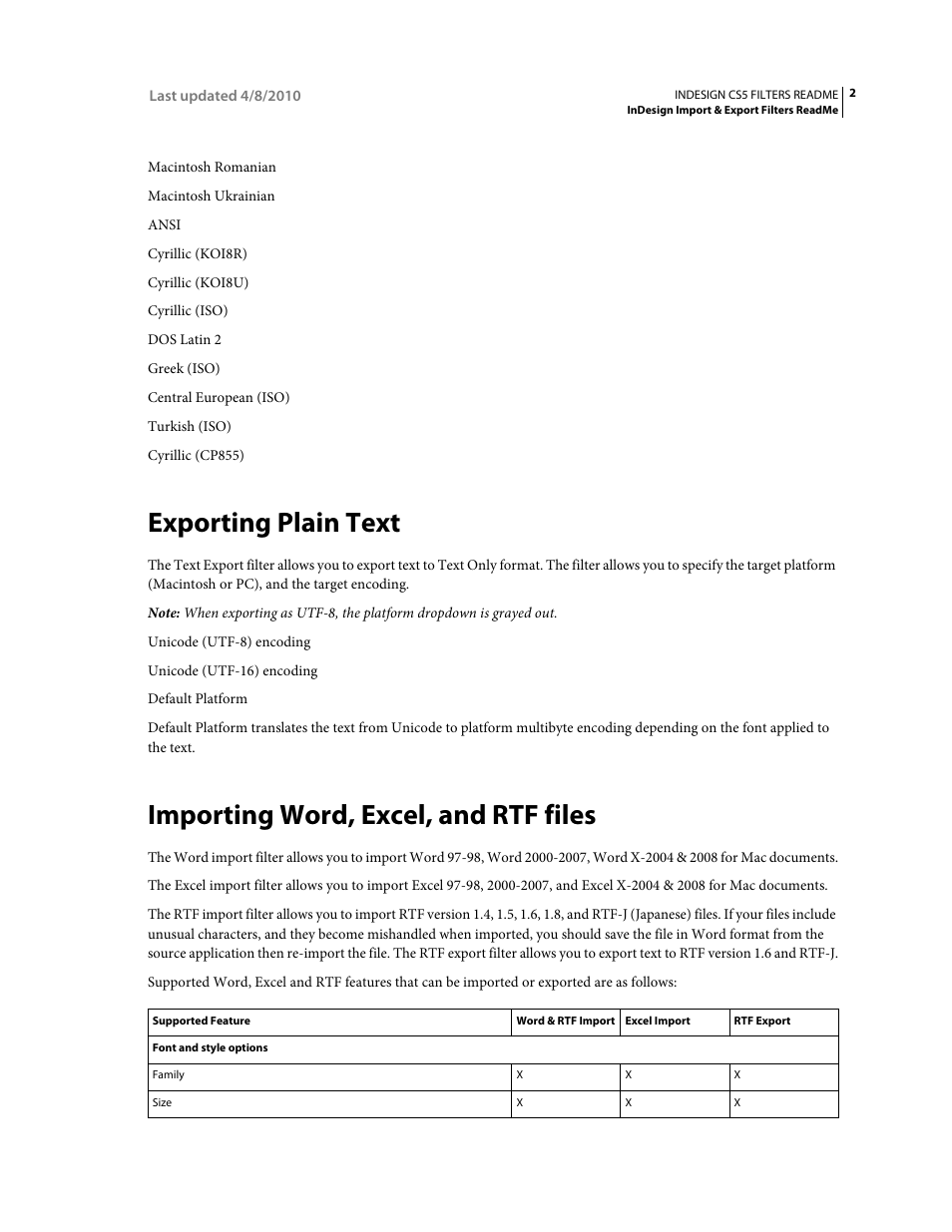 Exporting plain text, Importing word, excel, and rtf files | Adobe InDesign Filters Readme User Manual | Page 6 / 15