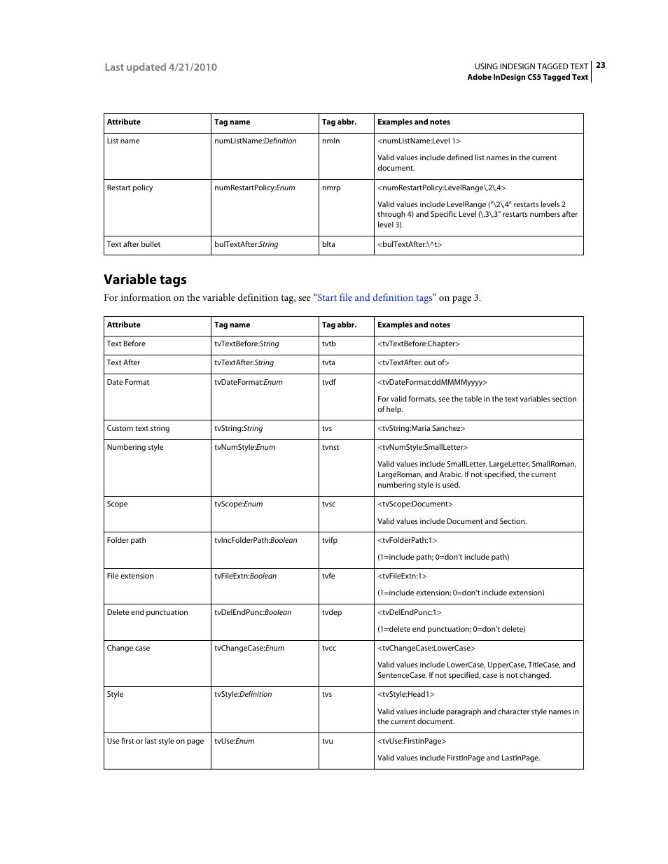 Variable tags | Adobe InDesign Tagged Text User Manual | Page 27 / 29