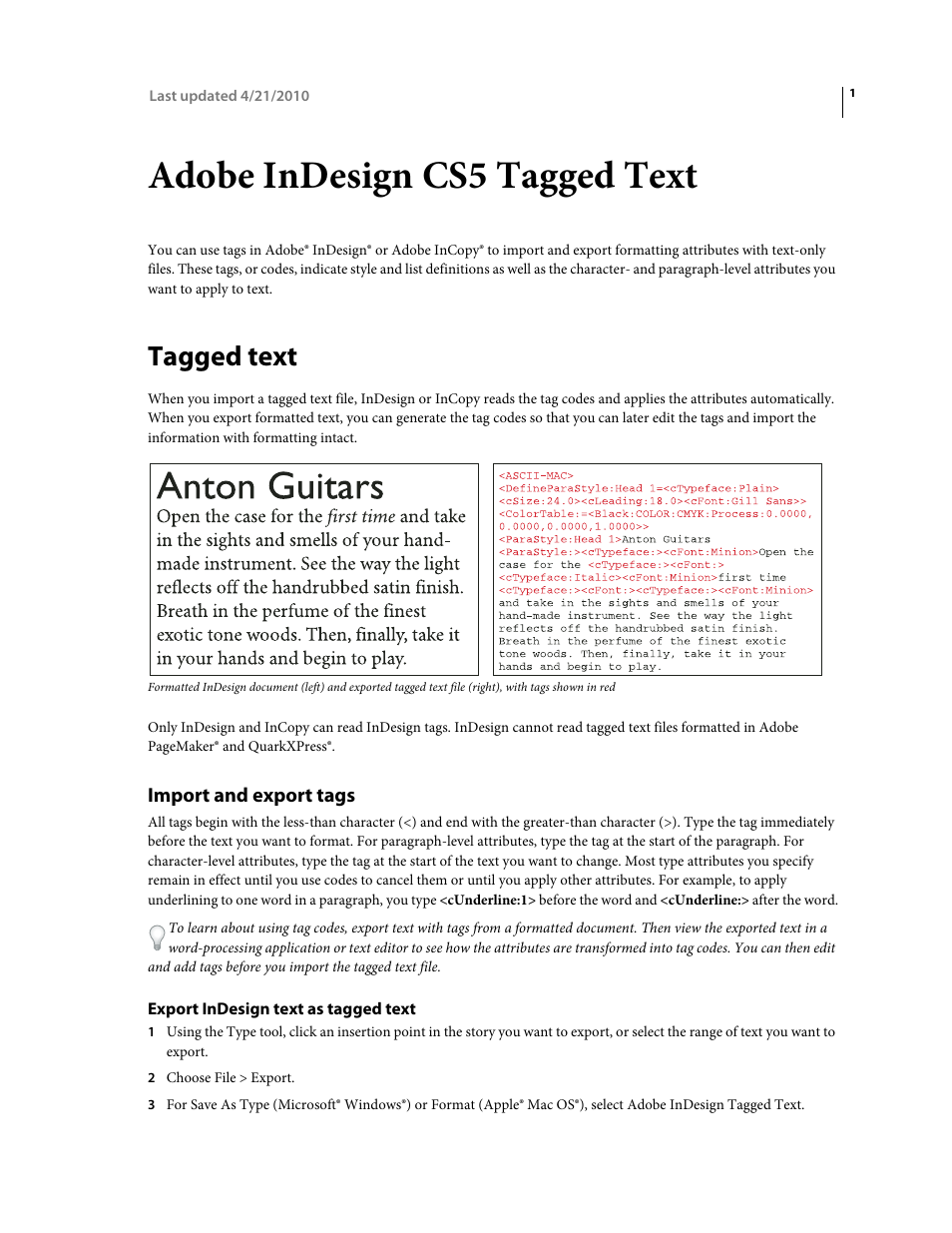 Adobe indesign cs5 tagged text, Tagged text, Import and export tags | Export indesign text as tagged text | Adobe InDesign Tagged Text User Manual | Page 5 / 29