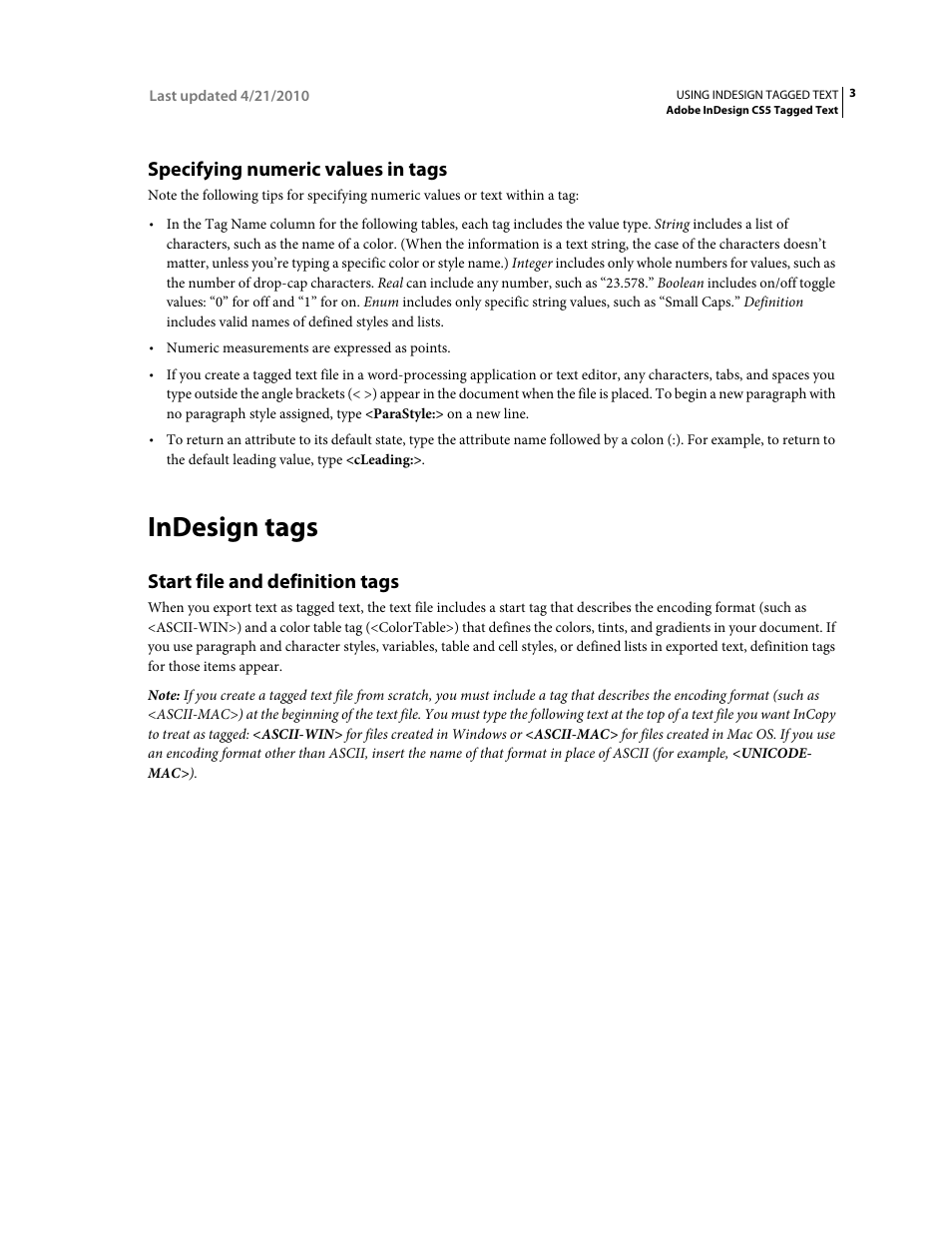 Specifying numeric values in tags, Indesign tags, Start file and definition tags | Adobe InDesign Tagged Text User Manual | Page 7 / 29