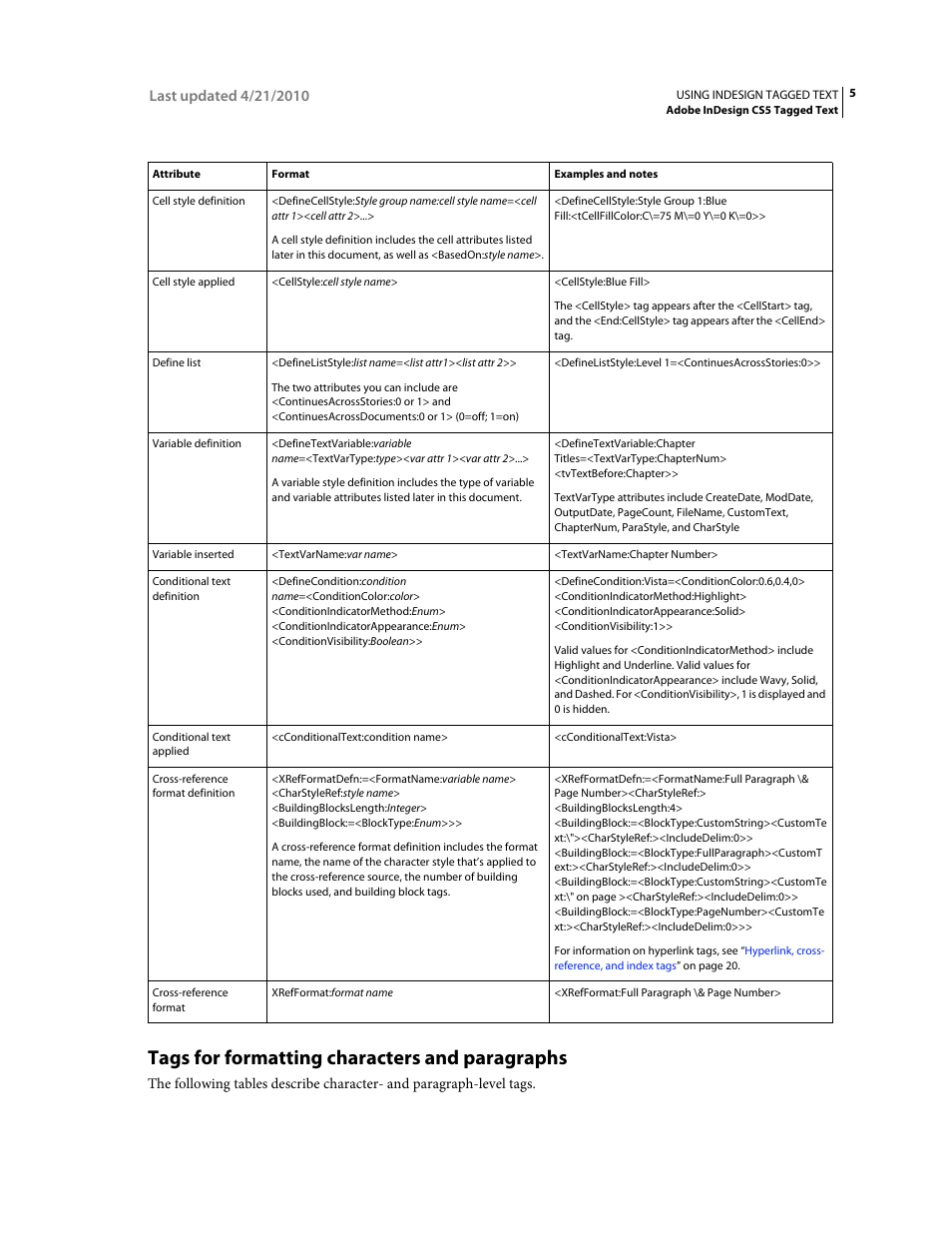 Tags for formatting characters and paragraphs | Adobe InDesign Tagged Text User Manual | Page 9 / 29