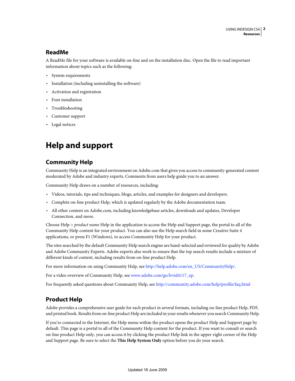 Readme, Help and support, Community help | Product help | Adobe InDesign CS4 User Manual | Page 10 / 717