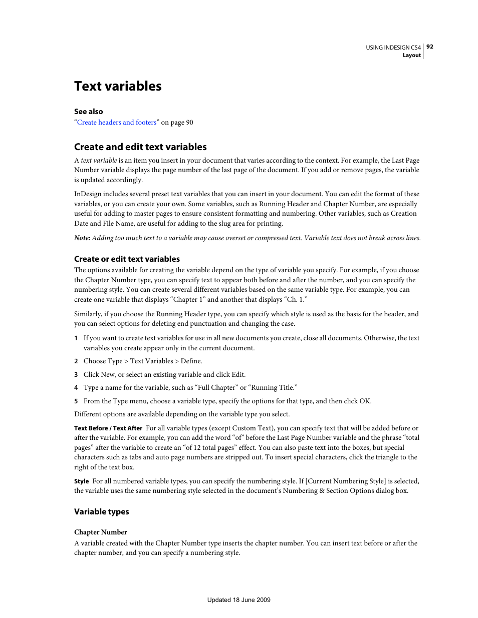 Text variables, Create and edit text variables, Create or edit text variables | Variable types | Adobe InDesign CS4 User Manual | Page 100 / 717