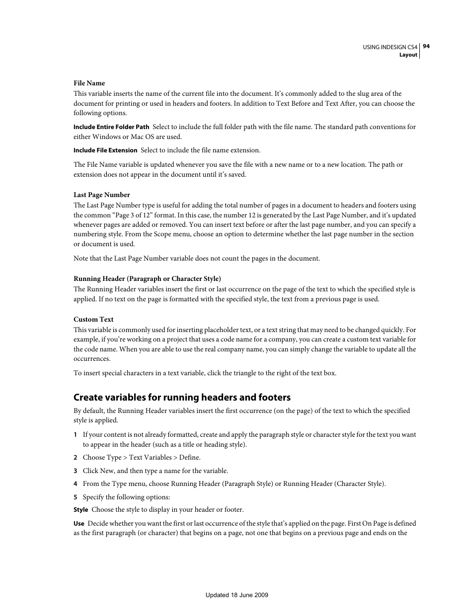 Create variables for running headers and footers, Create variables for running headers and, Footers | Create variables for running, Headers and footers | Adobe InDesign CS4 User Manual | Page 102 / 717