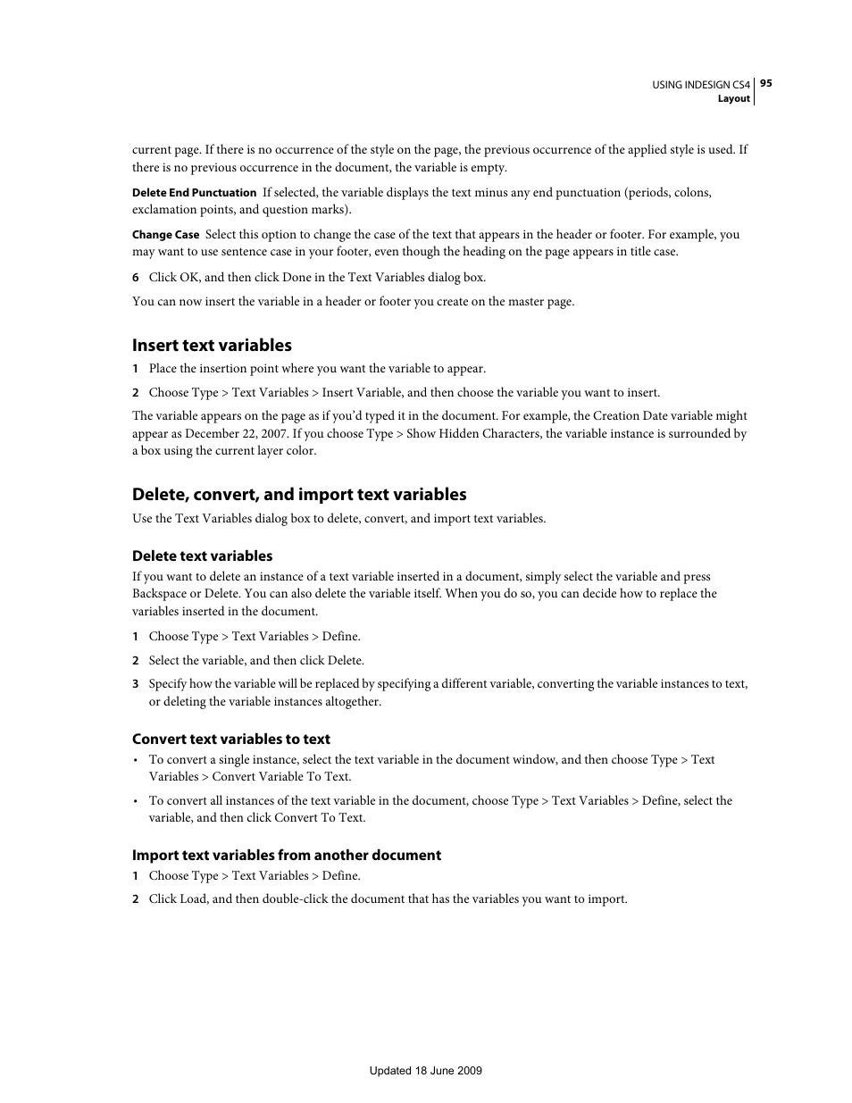 Insert text variables, Delete, convert, and import text variables, Delete text variables | Convert text variables to text, Import text variables from another document | Adobe InDesign CS4 User Manual | Page 103 / 717