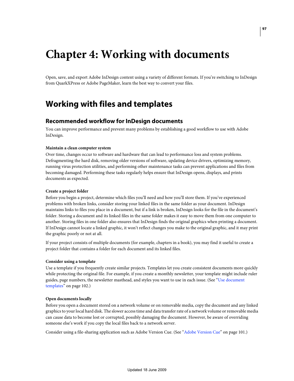 Chapter 4: working with documents, Working with files and templates, Recommended workflow for indesign documents | Adobe InDesign CS4 User Manual | Page 105 / 717