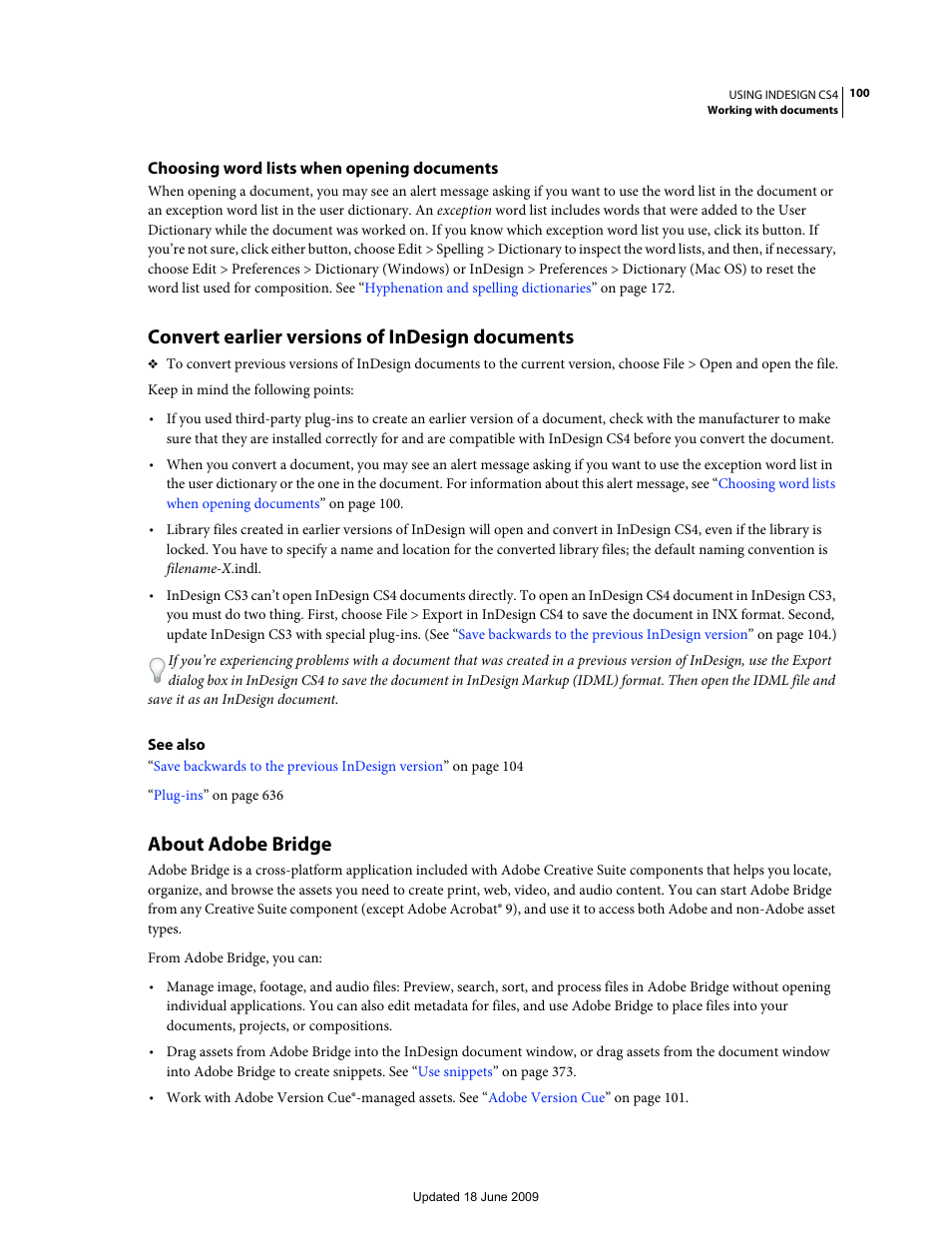 Choosing word lists when opening documents, Convert earlier versions of indesign documents, About adobe bridge | Adobe InDesign CS4 User Manual | Page 108 / 717