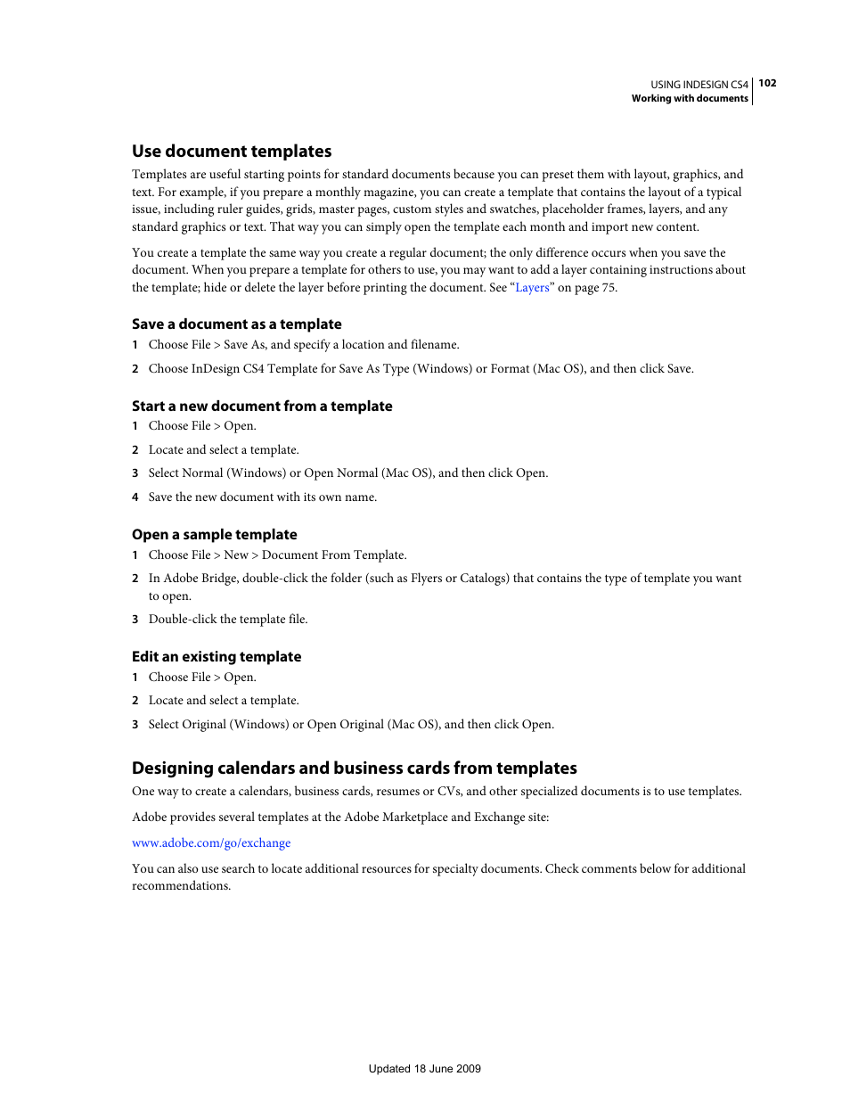 Use document templates, Save a document as a template, Start a new document from a template | Open a sample template, Edit an existing template, Use document, Templates | Adobe InDesign CS4 User Manual | Page 110 / 717