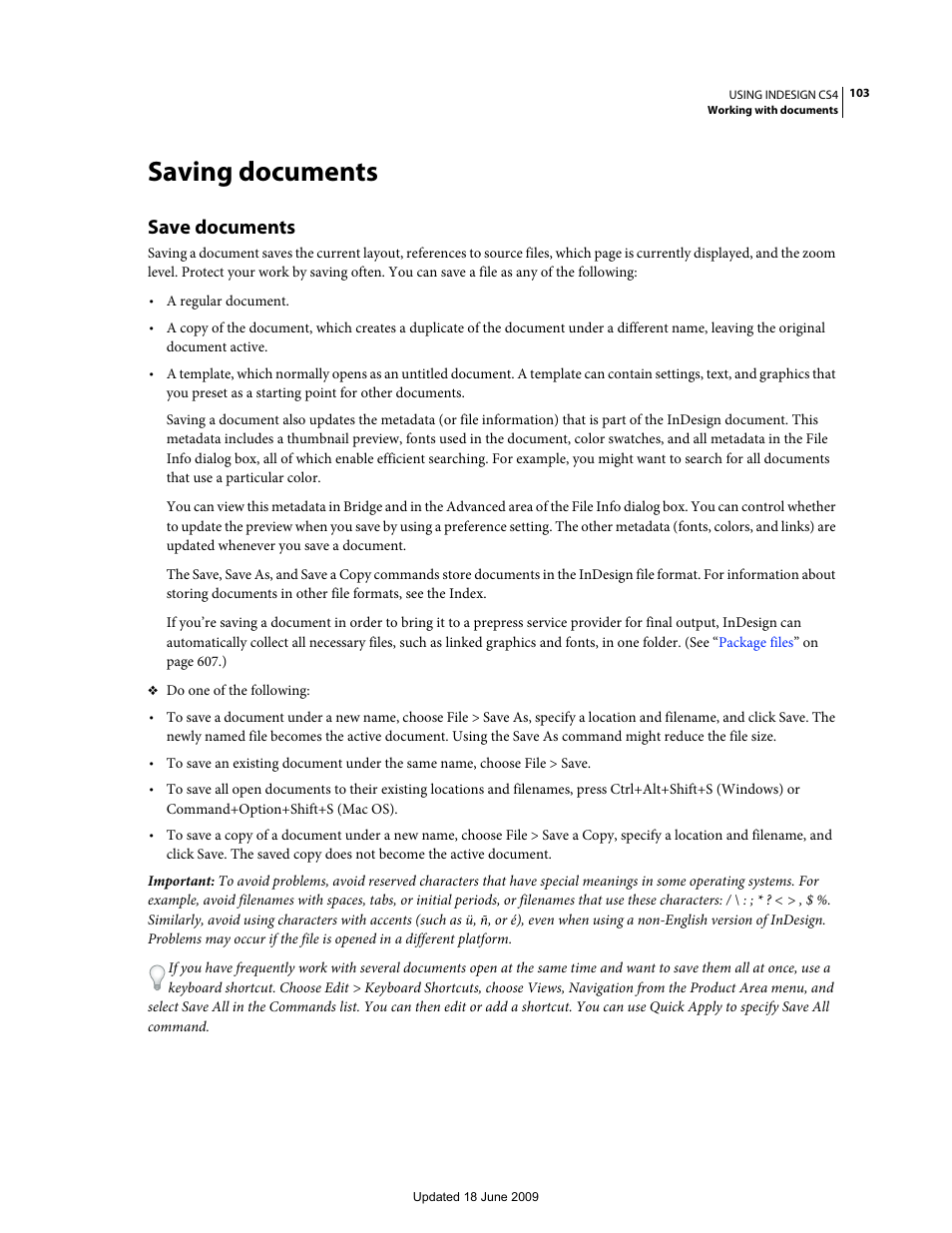 Saving documents, Save documents | Adobe InDesign CS4 User Manual | Page 111 / 717