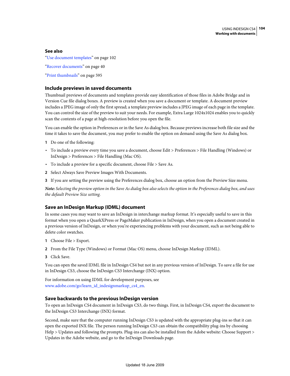 Include previews in saved documents, Save an indesign markup (idml) document, Save backwards to the previous indesign version | Save an indesign markup (idml), Document, Save backwards to the previous indesign, Version | Adobe InDesign CS4 User Manual | Page 112 / 717