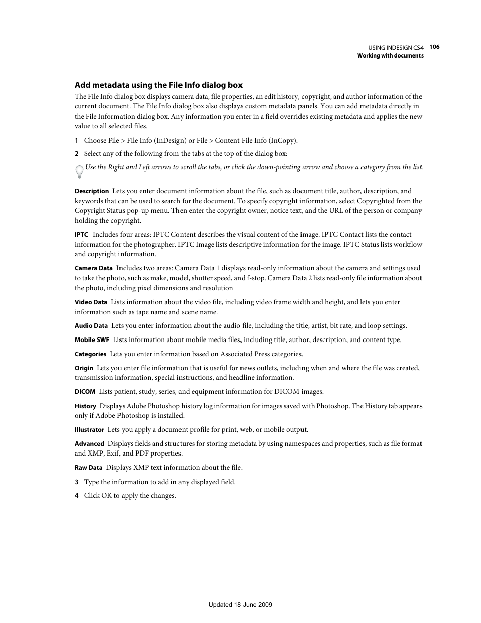 Add metadata using the file info dialog box | Adobe InDesign CS4 User Manual | Page 114 / 717