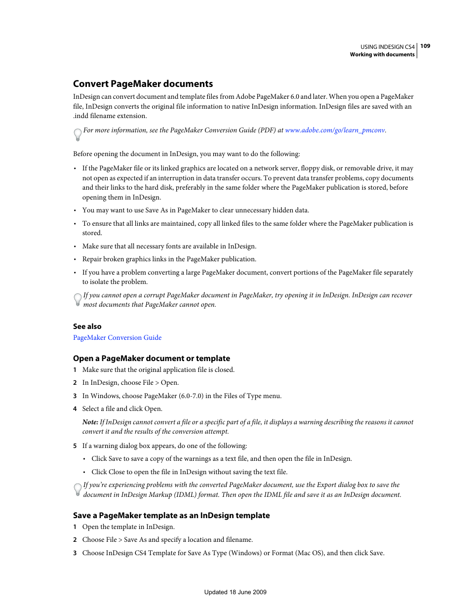 Convert pagemaker documents | Adobe InDesign CS4 User Manual | Page 117 / 717