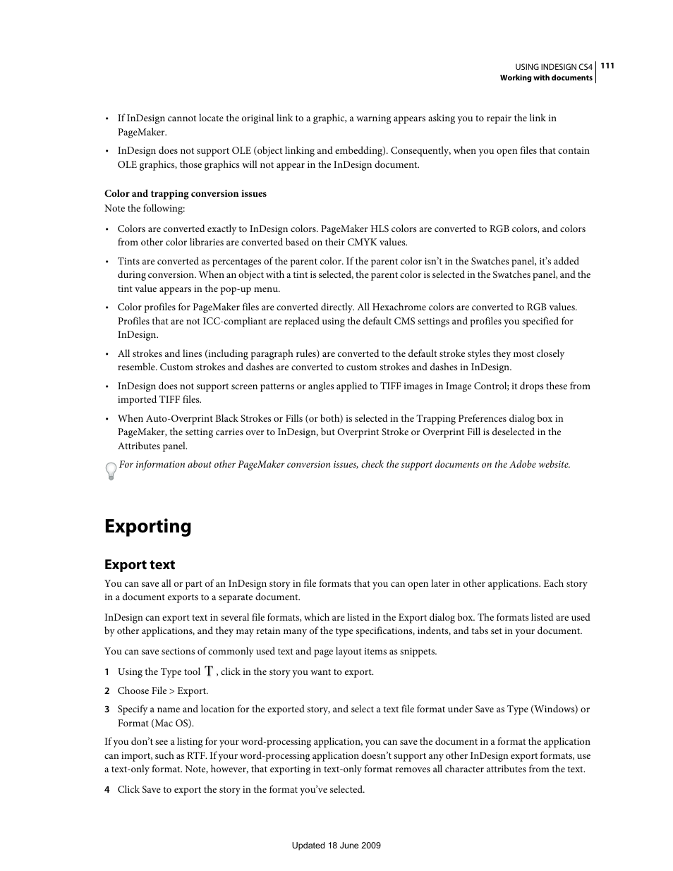 Exporting, Export text | Adobe InDesign CS4 User Manual | Page 119 / 717