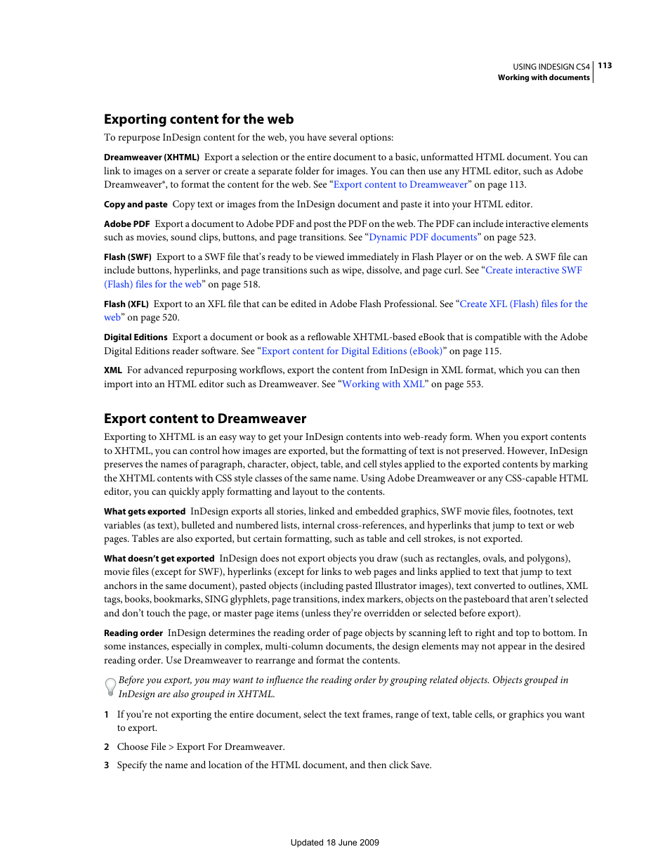 Exporting content for the web, Export content to dreamweaver | Adobe InDesign CS4 User Manual | Page 121 / 717