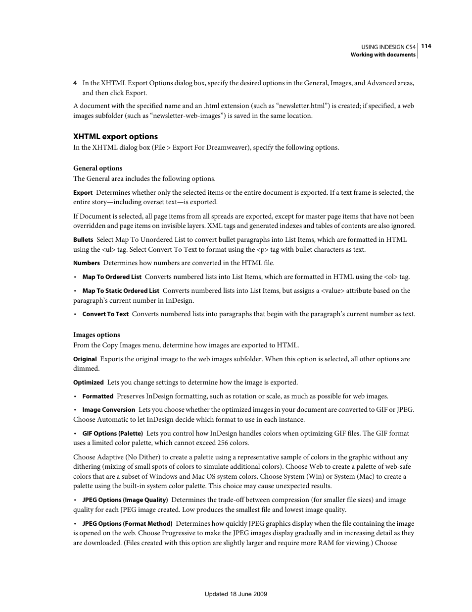 Xhtml export options | Adobe InDesign CS4 User Manual | Page 122 / 717