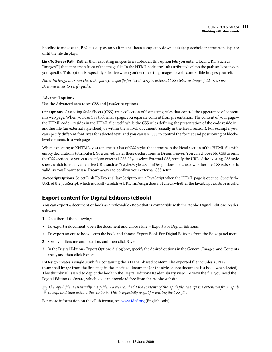 Export content for digital editions (ebook), Digital editions reader software. see | Adobe InDesign CS4 User Manual | Page 123 / 717
