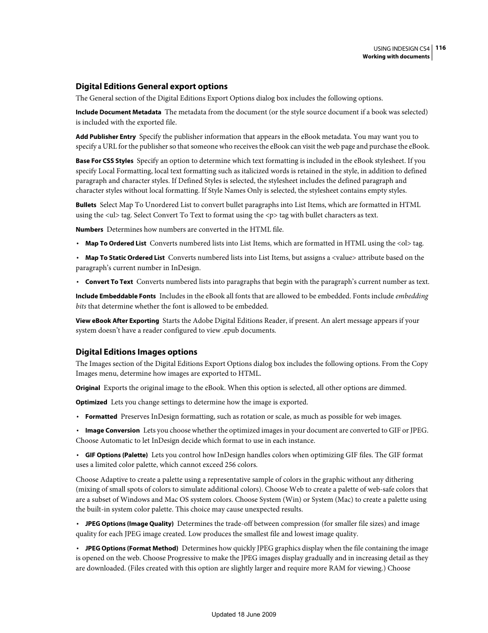 Digital editions general export options, Digital editions images options | Adobe InDesign CS4 User Manual | Page 124 / 717