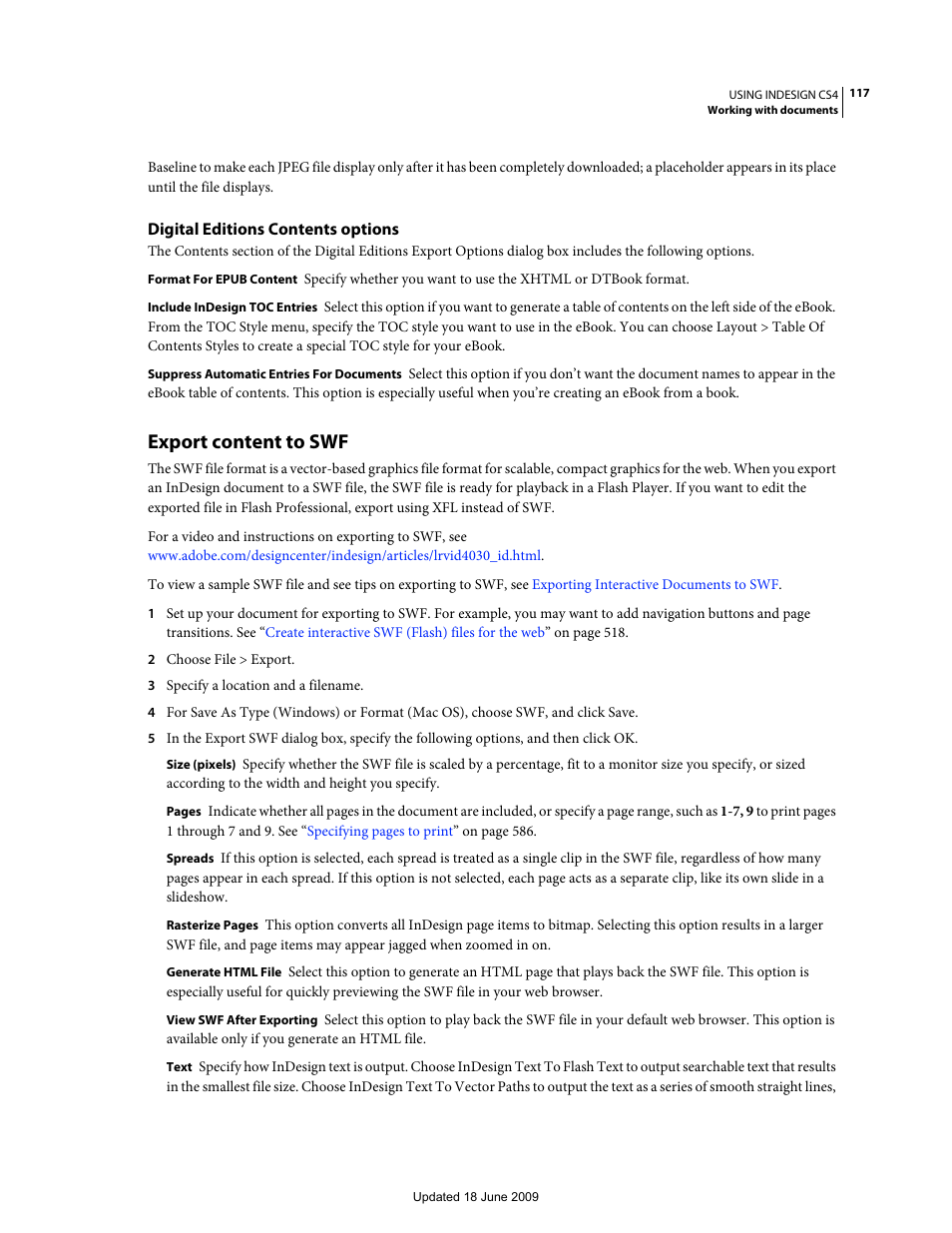 Digital editions contents options, Export content to swf | Adobe InDesign CS4 User Manual | Page 125 / 717