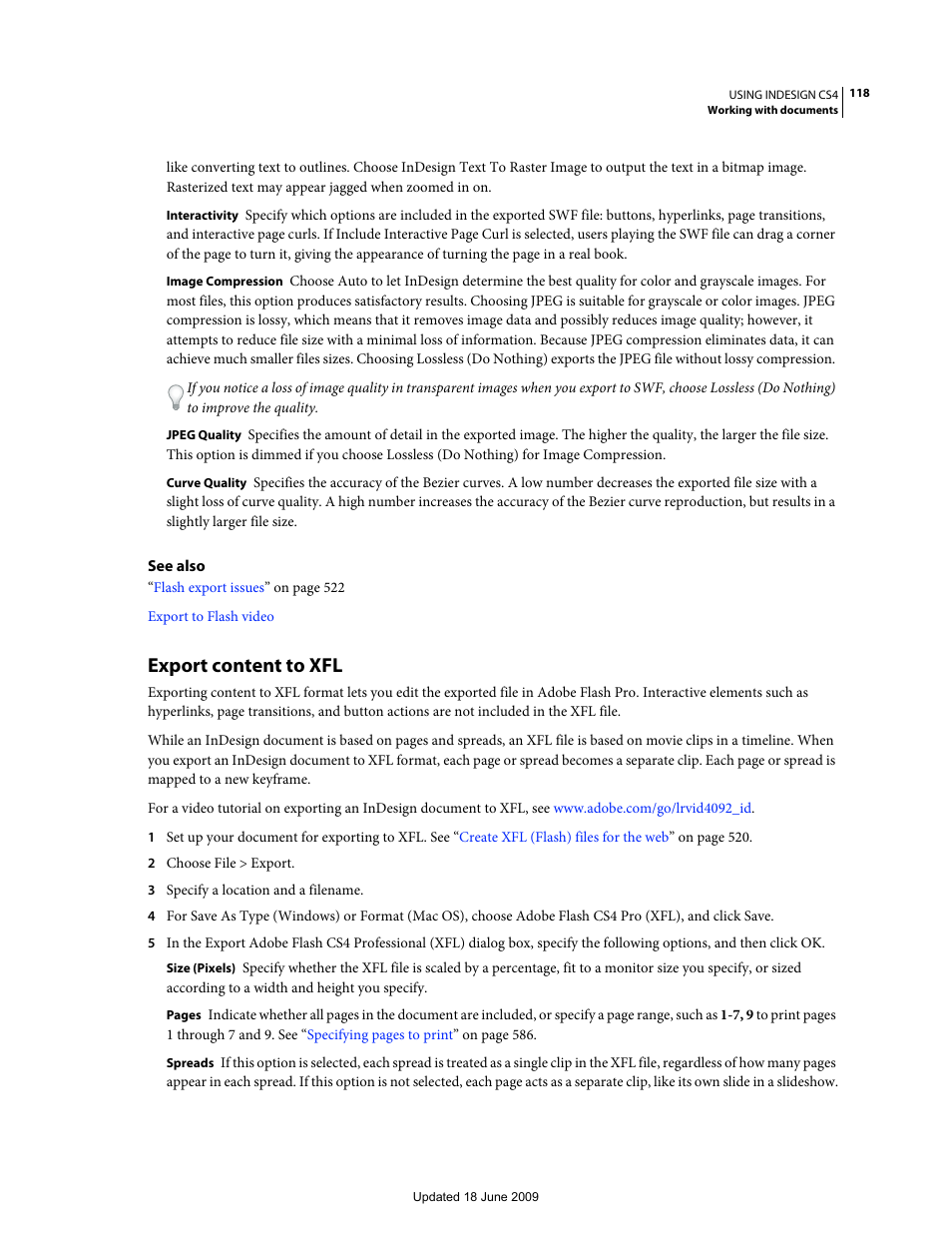 Export content to xfl | Adobe InDesign CS4 User Manual | Page 126 / 717