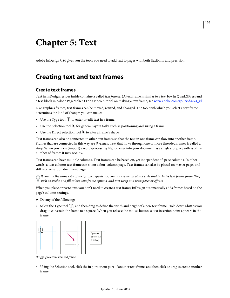 Chapter 5: text, Creating text and text frames, Create text frames | Adobe InDesign CS4 User Manual | Page 128 / 717