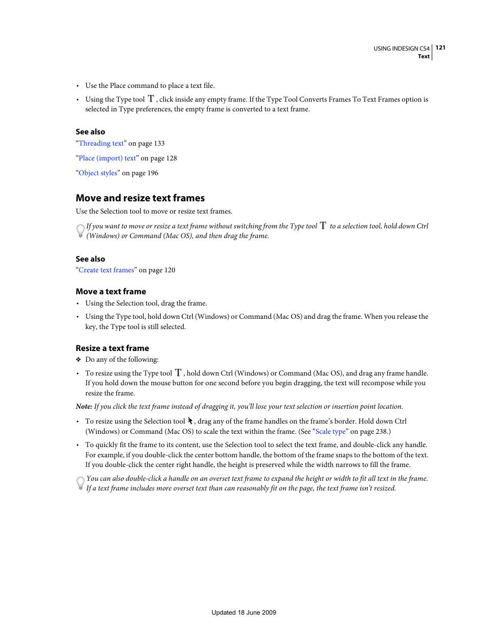 Move and resize text frames, Move a text frame, Resize a text frame | Adobe InDesign CS4 User Manual | Page 129 / 717