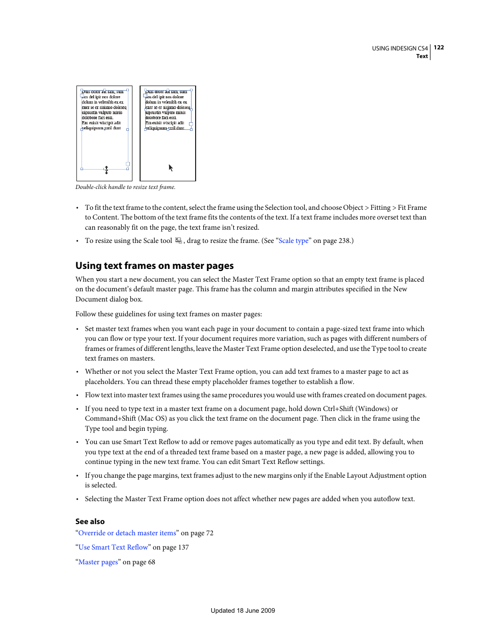 Using text frames on master, Using text frames on master pages | Adobe InDesign CS4 User Manual | Page 130 / 717