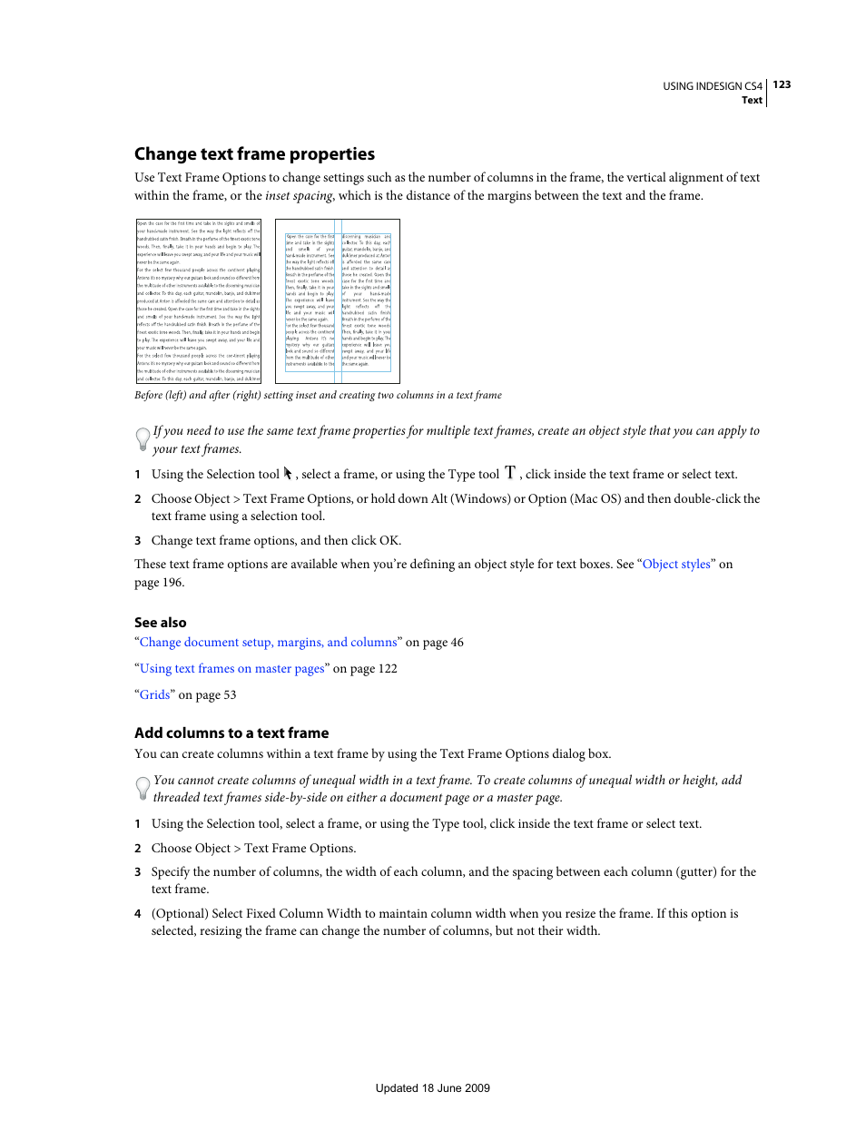 Change text frame properties, Add columns to a text frame, Text frame options dialog box. (see | ) text frame columns can also be | Adobe InDesign CS4 User Manual | Page 131 / 717