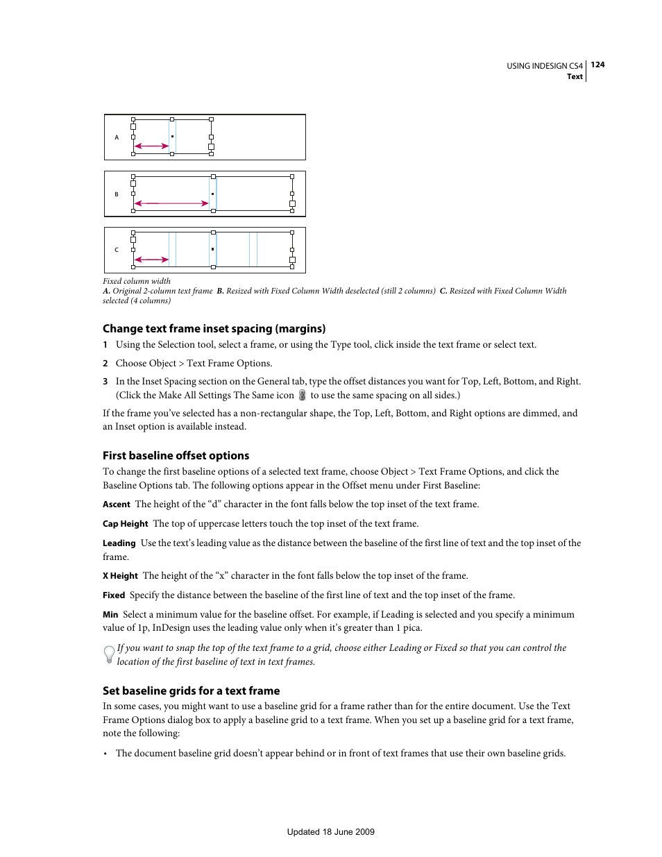 Change text frame inset spacing (margins), First baseline offset options, Set baseline grids for a text frame | Adobe InDesign CS4 User Manual | Page 132 / 717