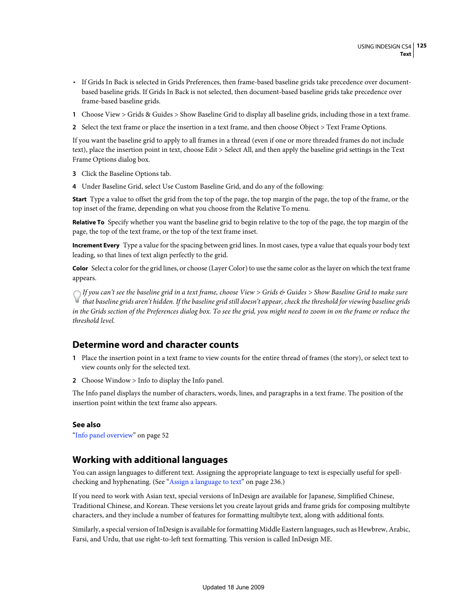 Determine word and character counts, Working with additional languages | Adobe InDesign CS4 User Manual | Page 133 / 717