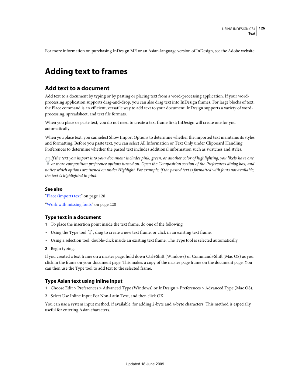 Adding text to frames, Add text to a document, Type text in a document | Type asian text using inline input | Adobe InDesign CS4 User Manual | Page 134 / 717
