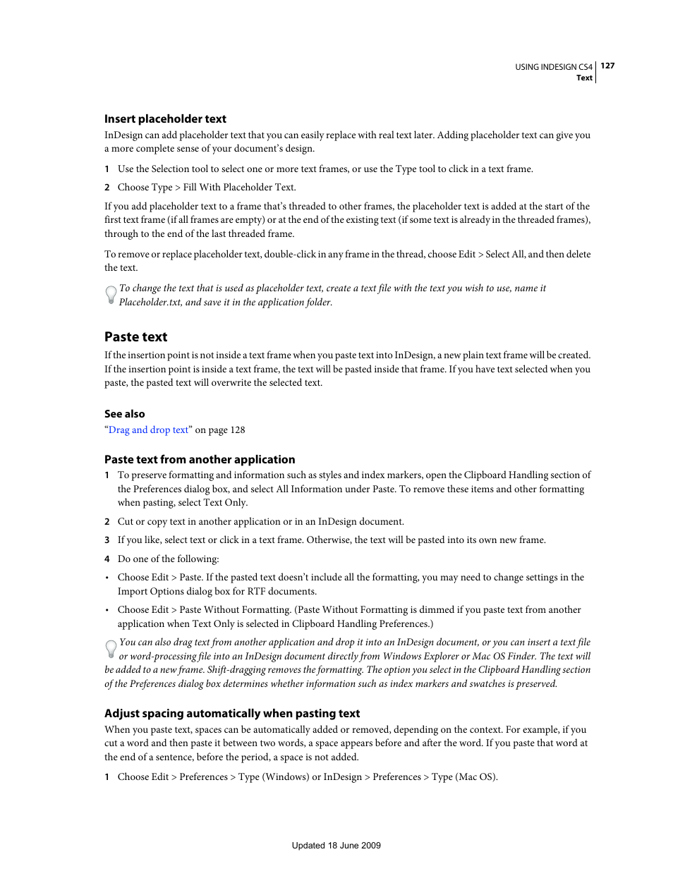 Insert placeholder text, Paste text, Paste text from another application | Adjust spacing automatically when pasting text | Adobe InDesign CS4 User Manual | Page 135 / 717