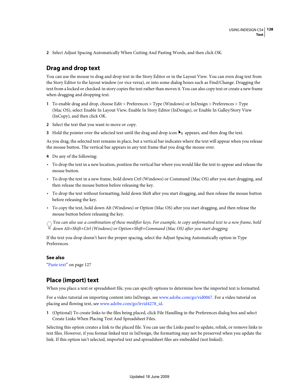 Drag and drop text, Place (import) text | Adobe InDesign CS4 User Manual | Page 136 / 717