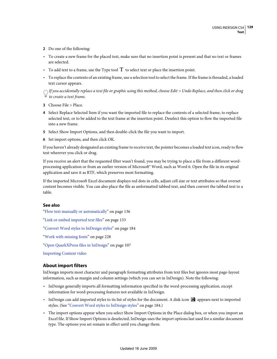 About import filters | Adobe InDesign CS4 User Manual | Page 137 / 717