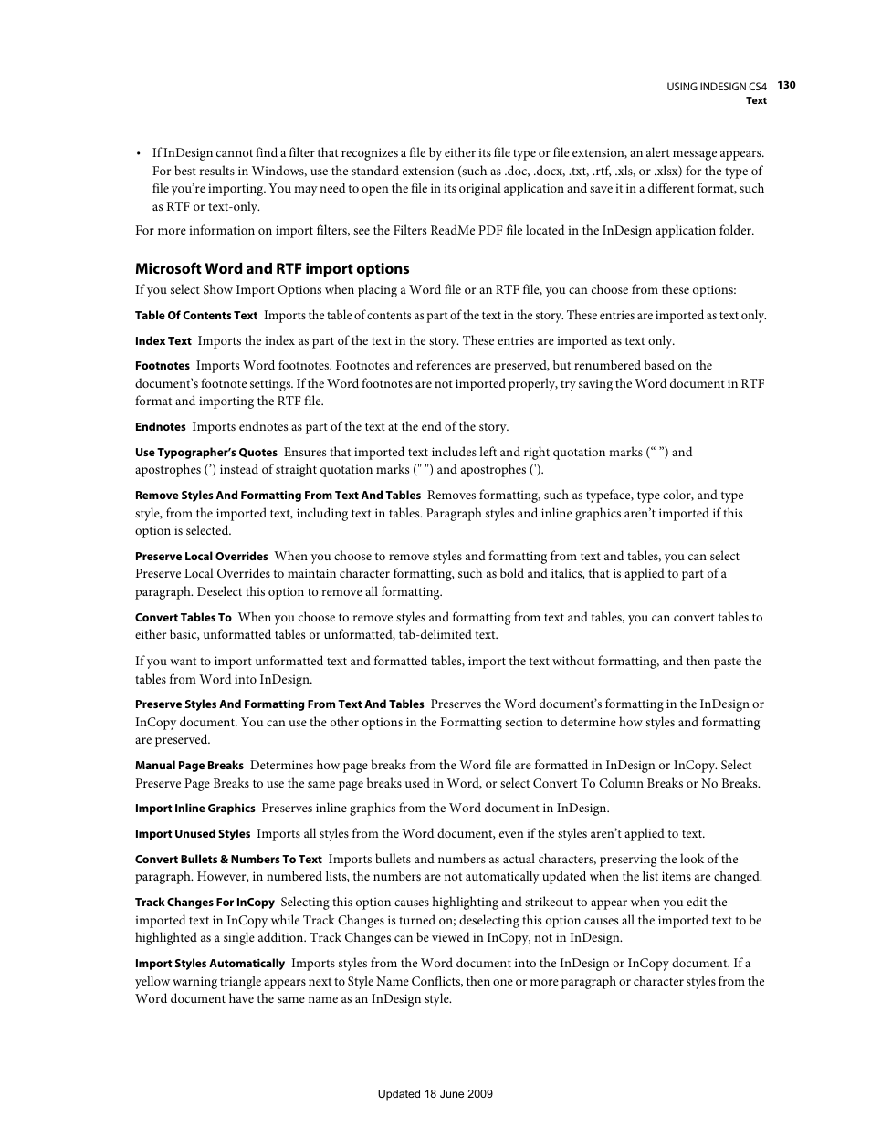 Microsoft word and rtf import options | Adobe InDesign CS4 User Manual | Page 138 / 717