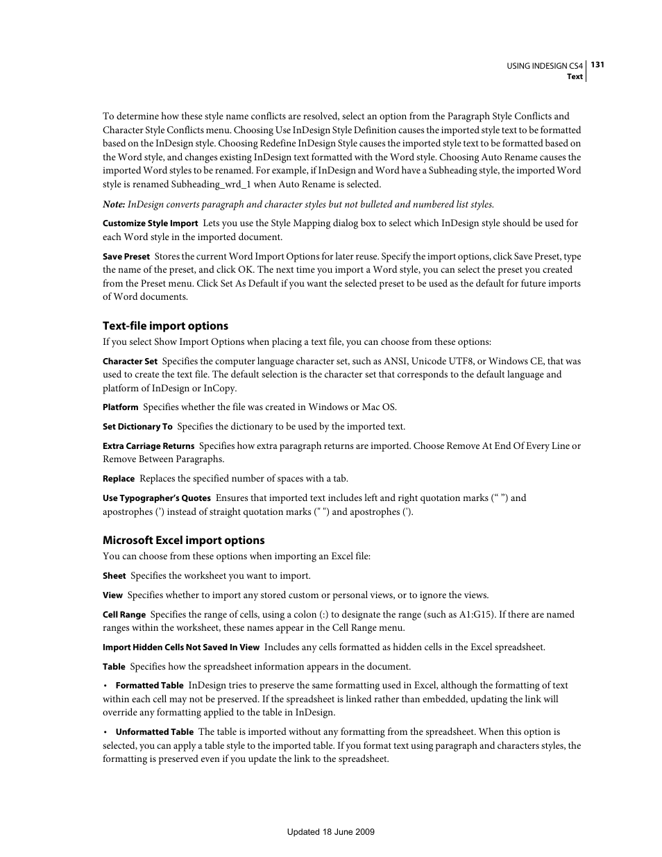 Text-file import options, Microsoft excel import options | Adobe InDesign CS4 User Manual | Page 139 / 717