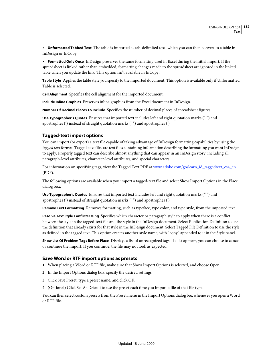 Tagged-text import options, Save word or rtf import options as presets | Adobe InDesign CS4 User Manual | Page 140 / 717