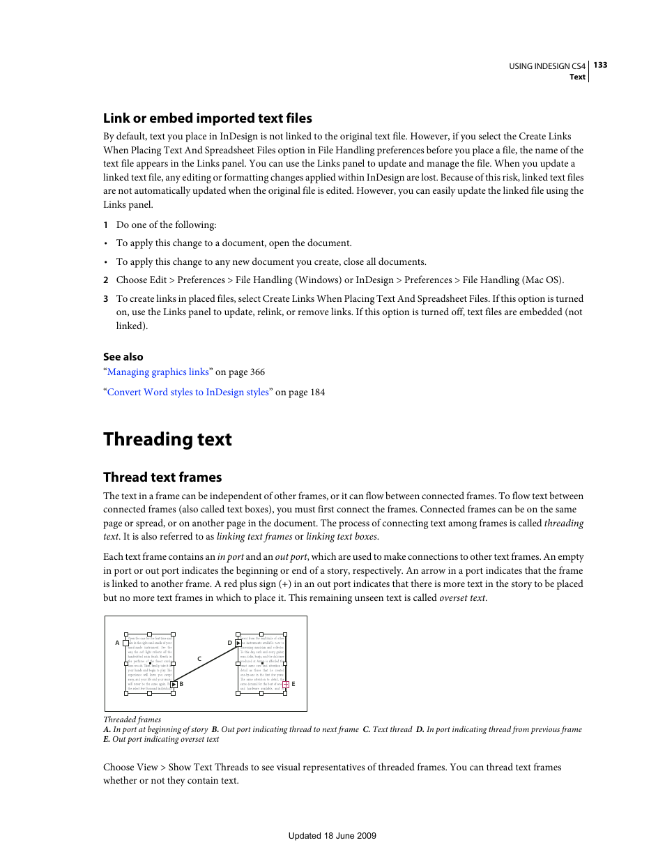 Link or embed imported text files, Threading text, Thread text frames | Adobe InDesign CS4 User Manual | Page 141 / 717