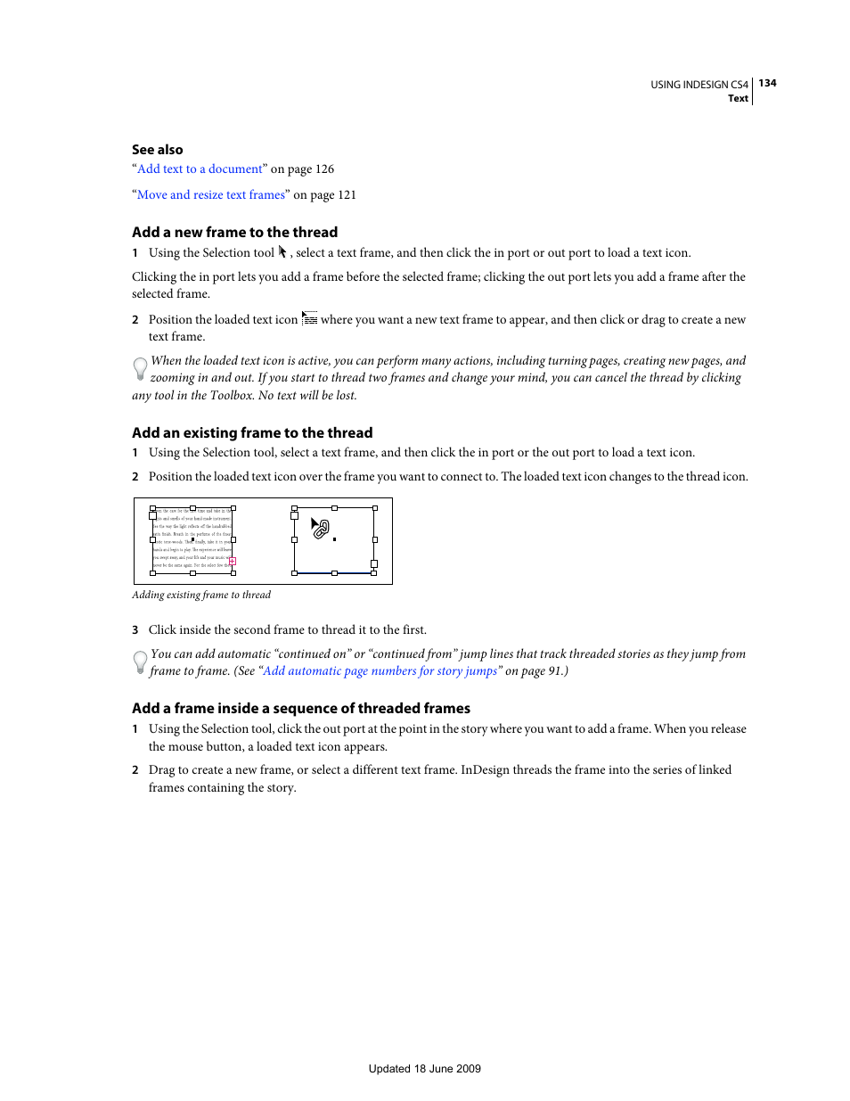 Add a new frame to the thread, Add an existing frame to the thread, Add a frame inside a sequence of threaded frames | Adobe InDesign CS4 User Manual | Page 142 / 717