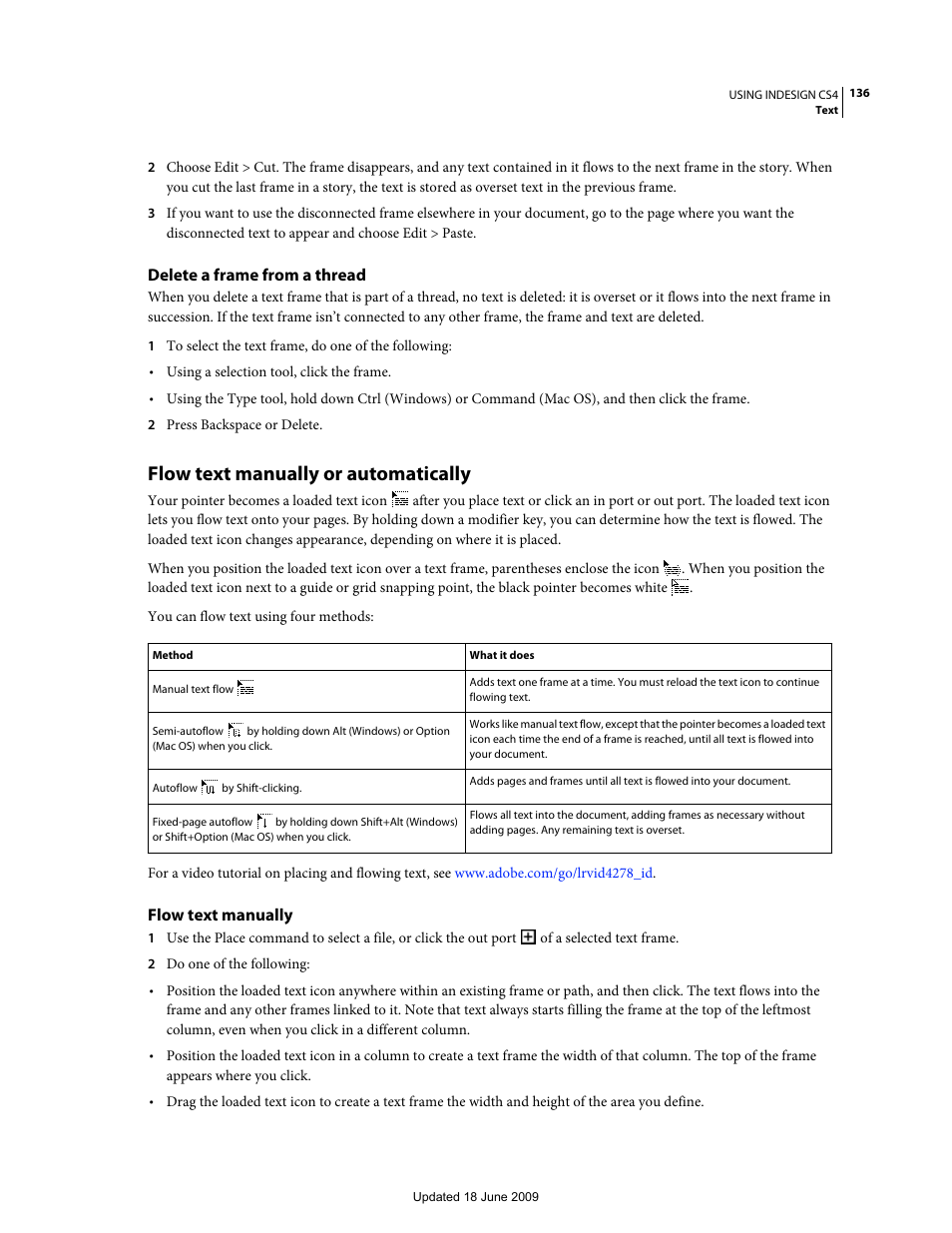 Delete a frame from a thread, Flow text manually or automatically, Flow text manually | Adobe InDesign CS4 User Manual | Page 144 / 717