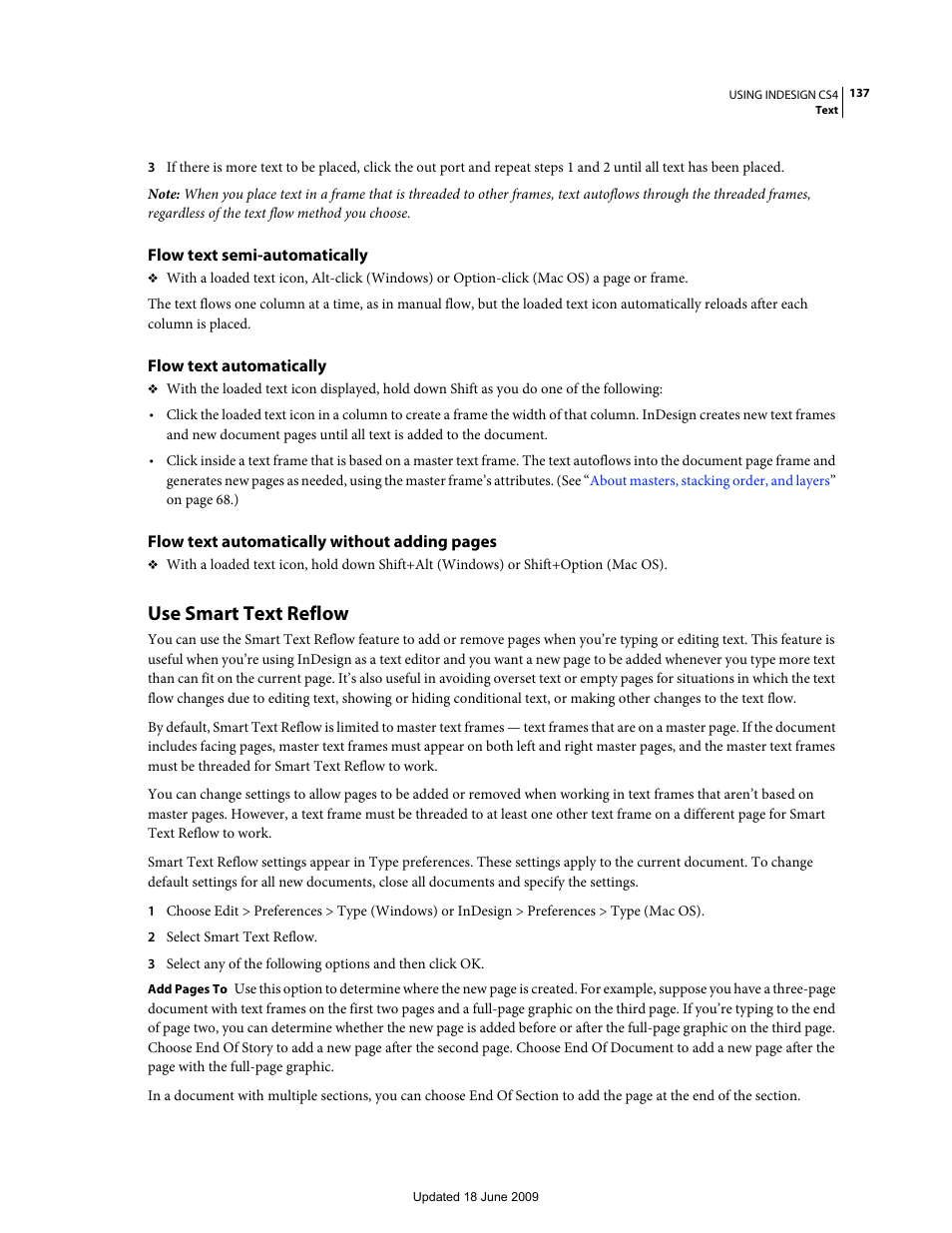 Flow text semi-automatically, Flow text automatically, Use smart text reflow | Conditions, or change or your text flow. see | Adobe InDesign CS4 User Manual | Page 145 / 717