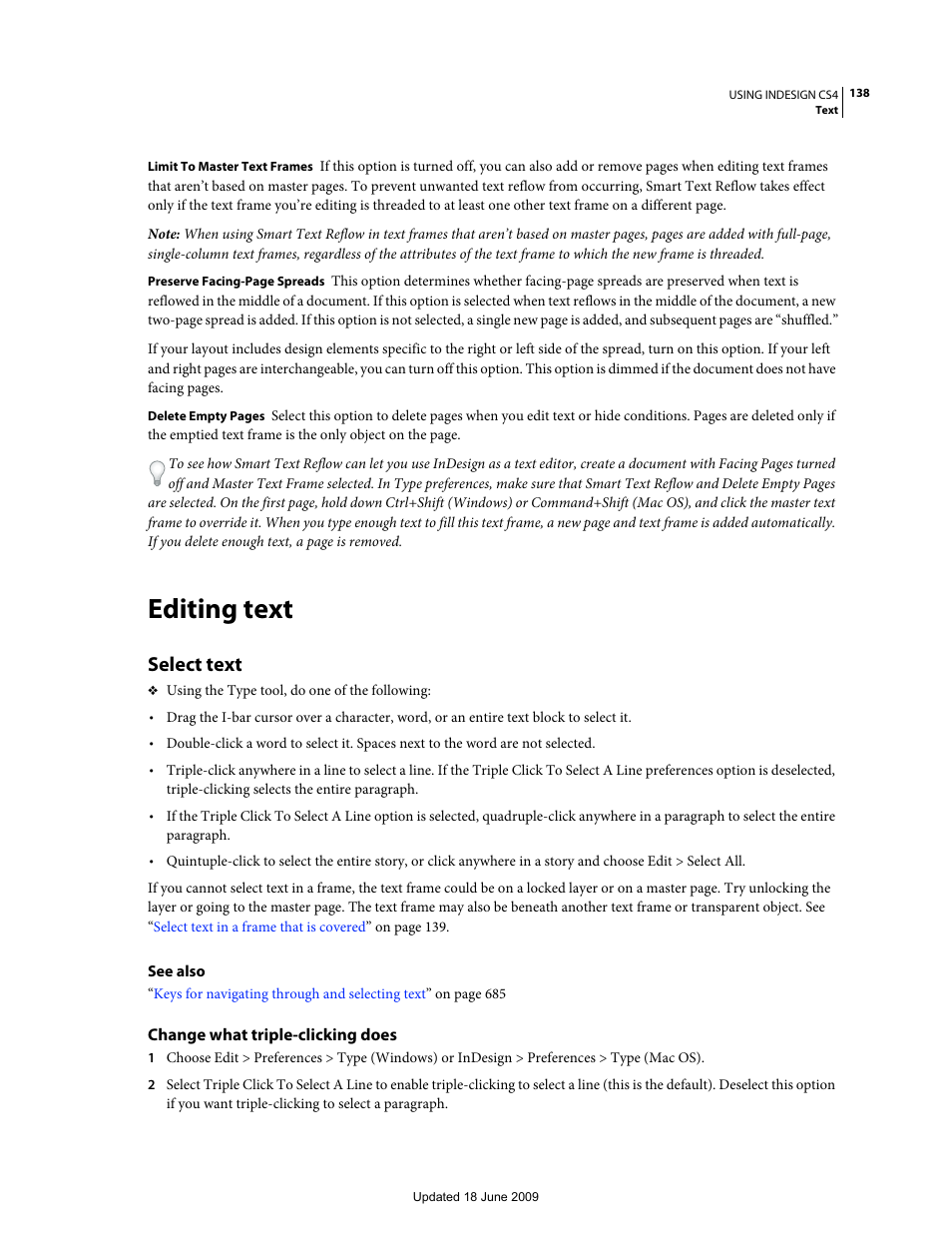Editing text, Select text, Change what triple-clicking does | Adobe InDesign CS4 User Manual | Page 146 / 717