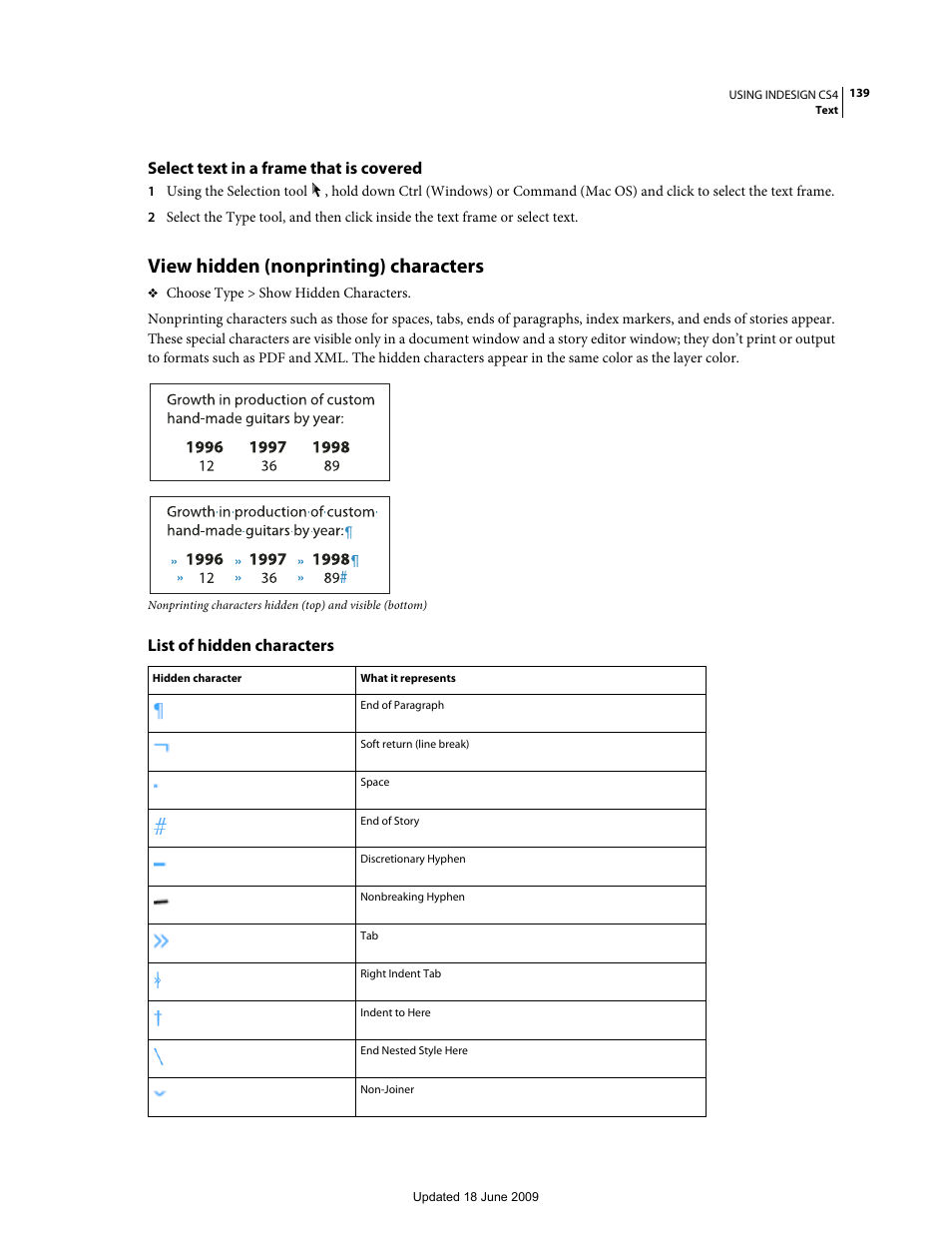 Select text in a frame that is covered, View hidden (nonprinting) characters, List of hidden characters | Adobe InDesign CS4 User Manual | Page 147 / 717