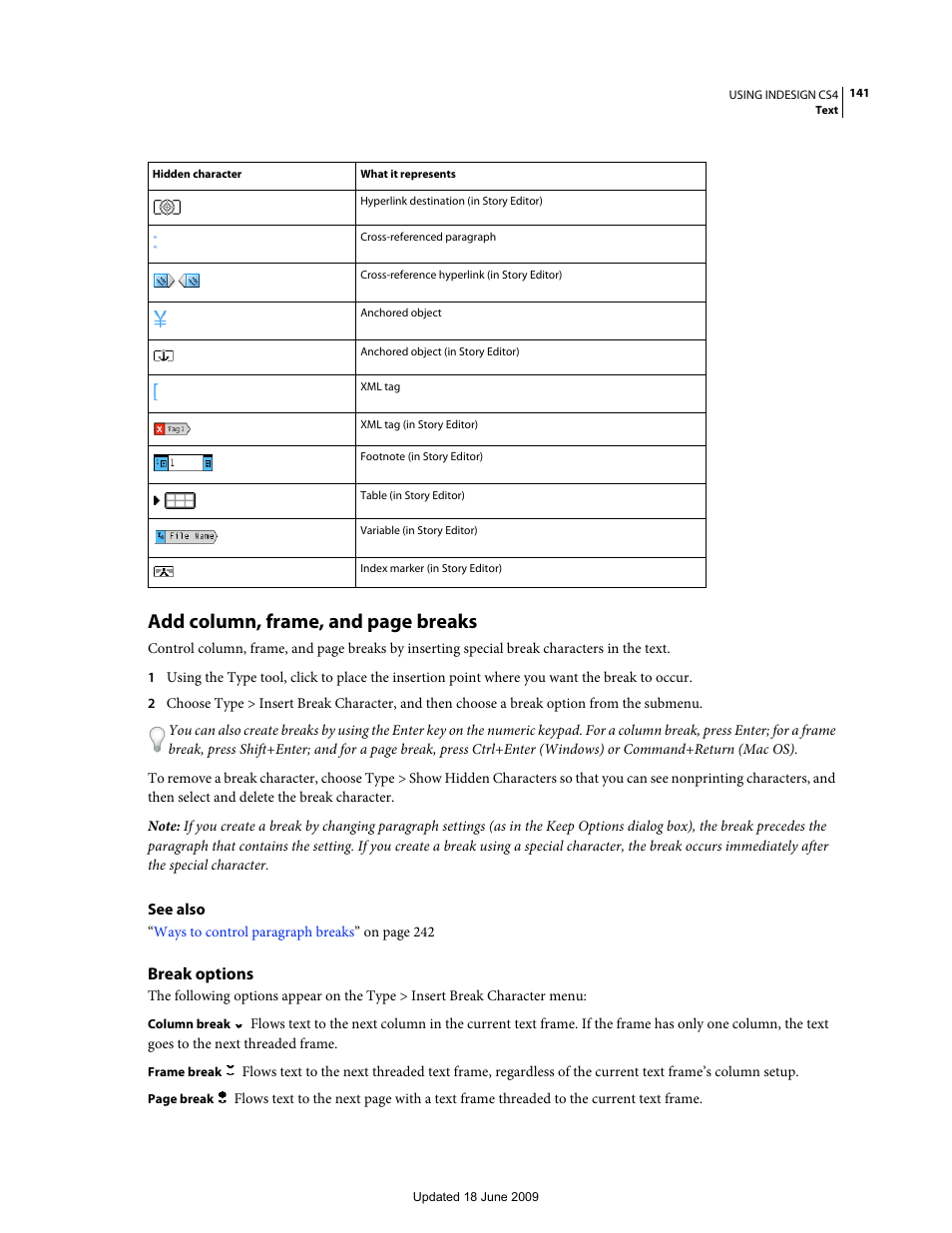 Break options, Add column, frame, and page breaks | Adobe InDesign CS4 User Manual | Page 149 / 717