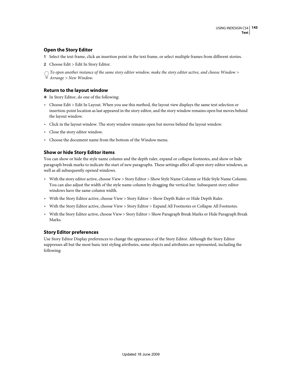 Open the story editor, Return to the layout window, Show or hide story editor items | Story editor preferences | Adobe InDesign CS4 User Manual | Page 151 / 717