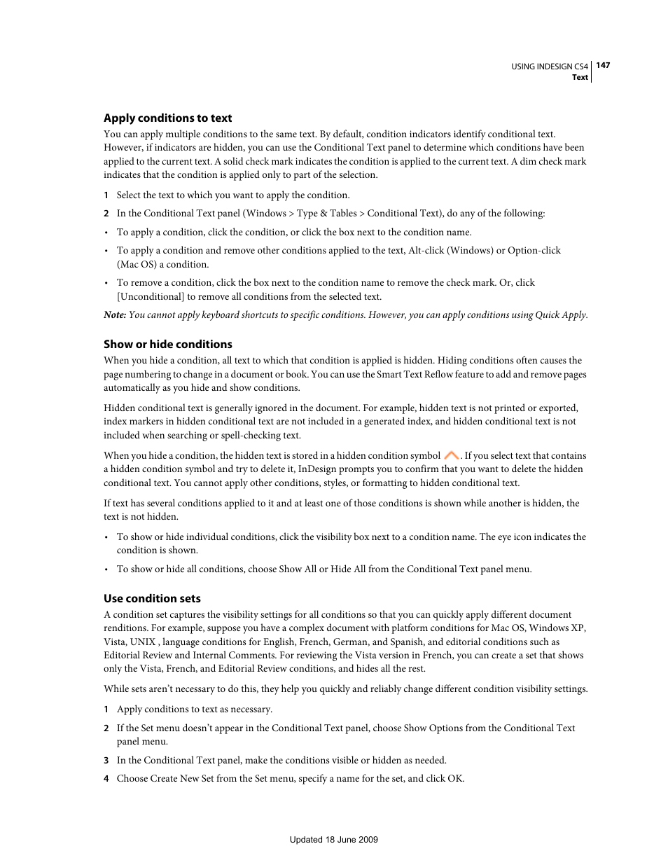 Apply conditions to text, Show or hide conditions, Use condition sets | Adobe InDesign CS4 User Manual | Page 155 / 717